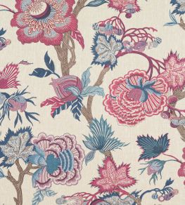 Indienne Jacobean Fabric by Thibaut Raspberry and Blue on Natural