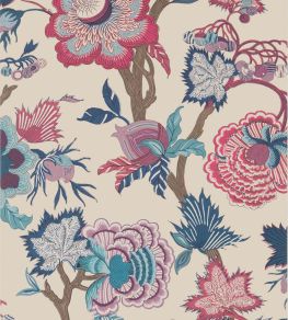 Indienne Jacobean Wallpaper by Thibaut Raspberry and Blue on Natural