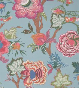 Indienne Jacobean Wallpaper by Thibaut Raspberry and Teal
