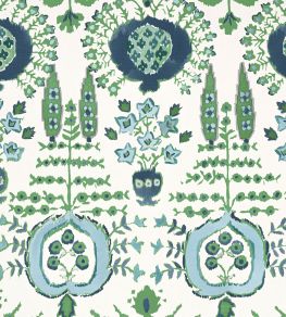 Mendoza Suzani Fabric by Thibaut Blue and Green on White
