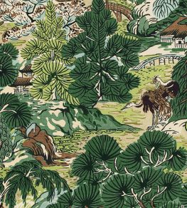 Pagoda Trees Fabric by Thibaut Brown and Green
