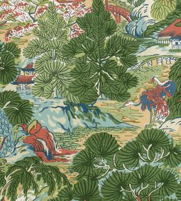 Pagoda Trees Fabric by Thibaut Coral and Green