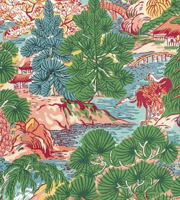 Pagoda Trees Fabric by Thibaut Pink and Green