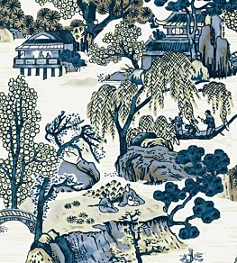 Asian Scenic Wallpaper by Thibaut Blue and Beige